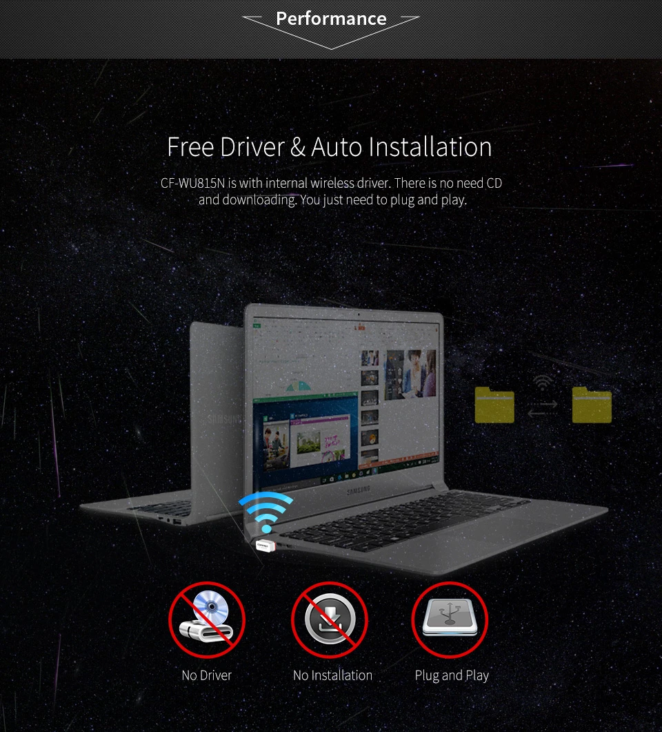 Free Driver & Auto Installation (CF-WU815N is with internal wireless driver. There is no need CD and downtoading. You just need to plug and play.)